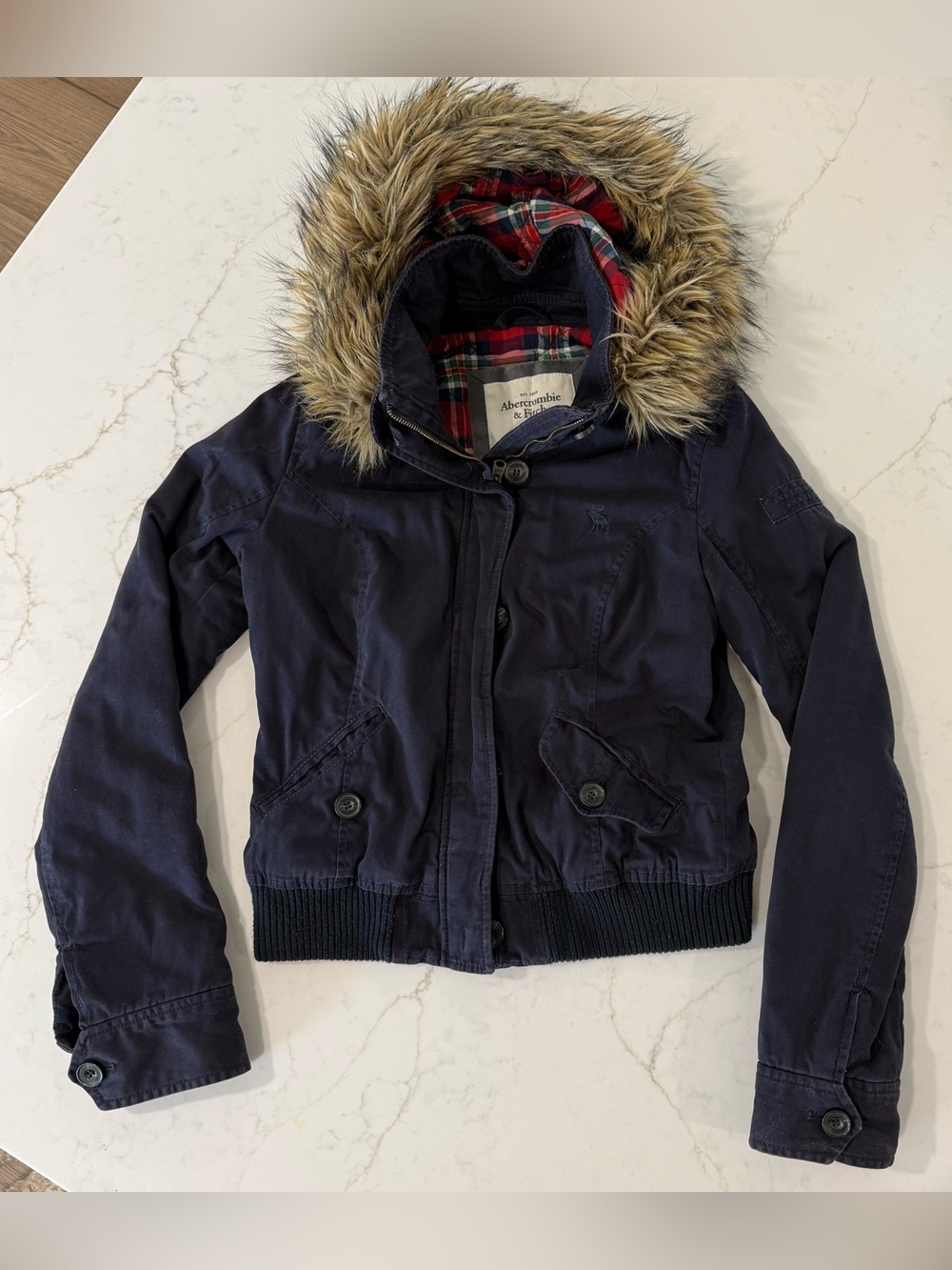 Y2K Abercrombie & Fitch Fur Hood Plaid Lined Navy Bomber Women Medium McBling